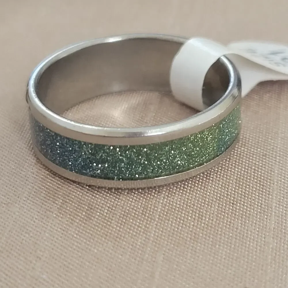 Size 9.5 (19mm) Rainbow Glitter Stainless Steel silver ring